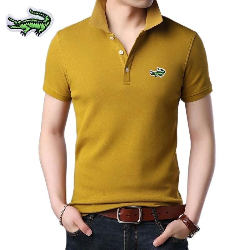 남성용 자수 브랜드 코튼 폴로 셔츠, 한국 슬림핏 패션 폴로 칼라 격자 무늬 니트 반팔 티셔츠, 사계절 신상